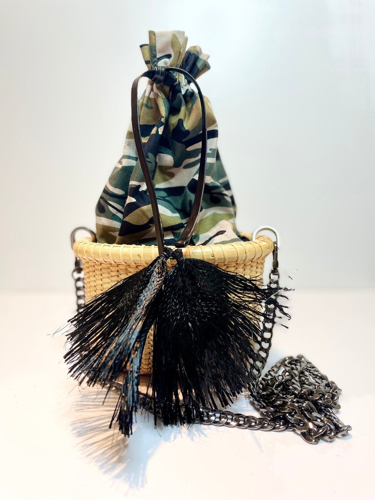 The Mini M Bag: Dark Green Camo – handwoven by The Manca Studio